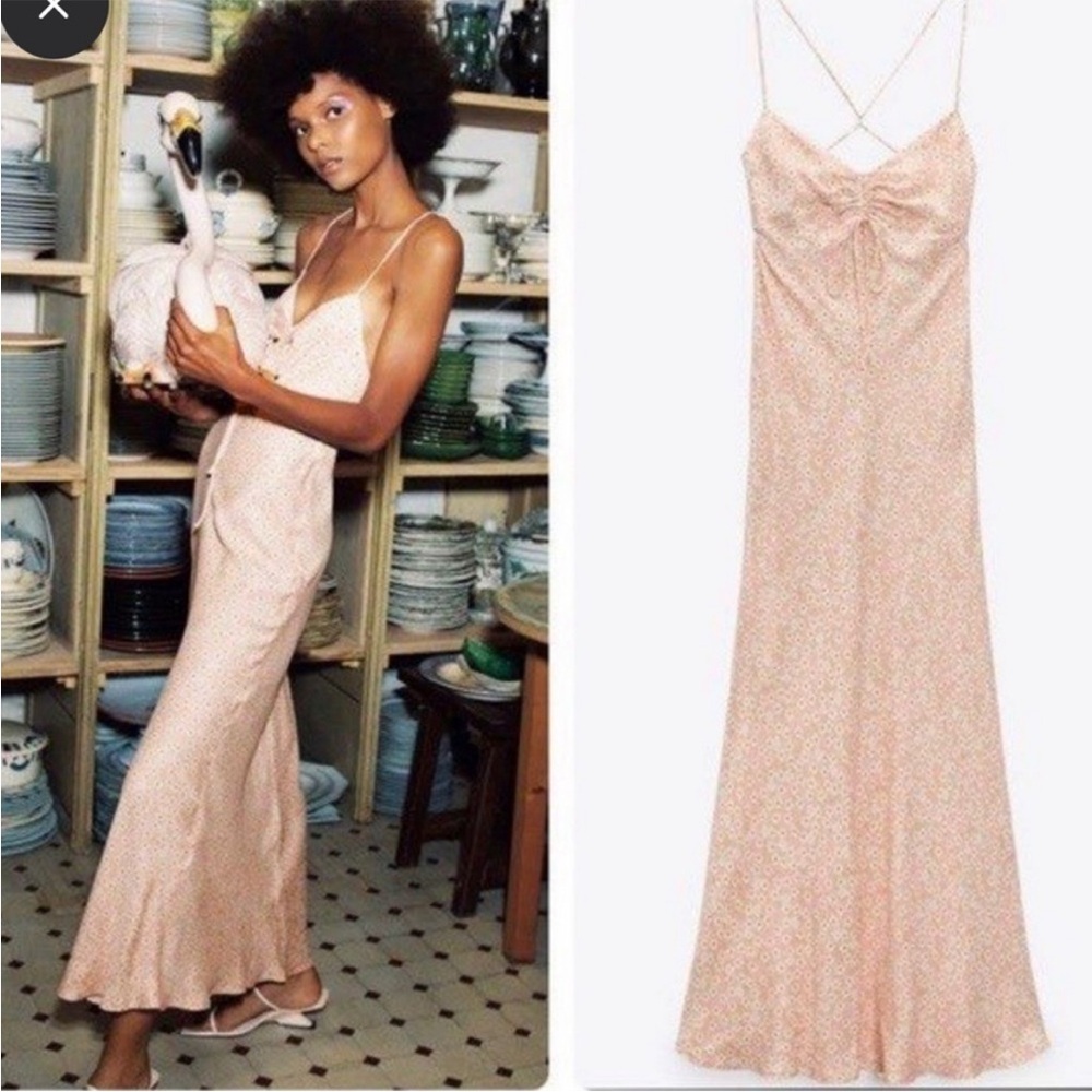 NWT zara rose‎ pink satin strappy maxi slip dress open back
